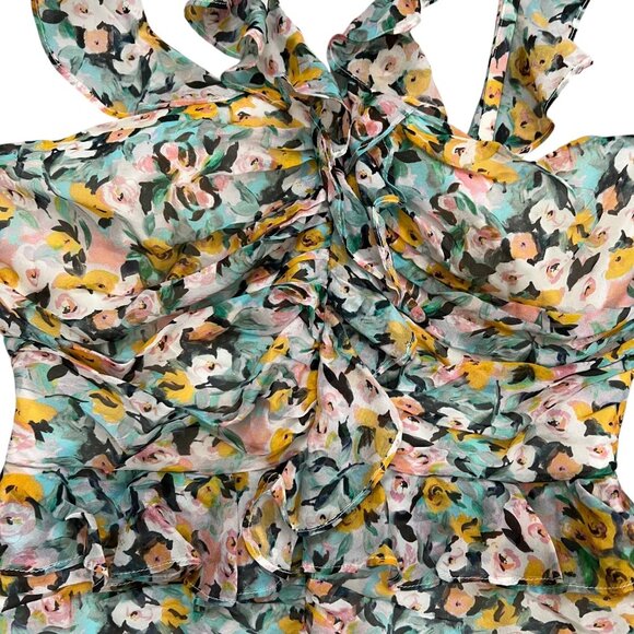 AMUR Elyse Silk Chiffon Floral Ruffle Bodycon Mini Dress Multicolor 6 Coquette - Picture 5 of 16